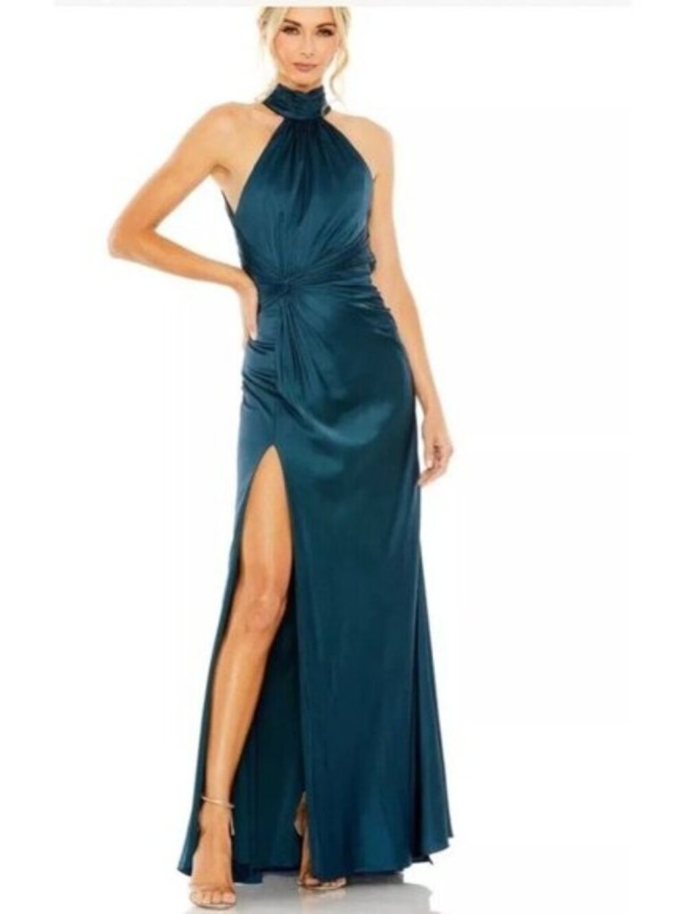 Mac Duggal Size 2 Ocean Blue Side Ruched Satin Halter Neck Prom Gown Dress Flaw - Picture 2 of 15